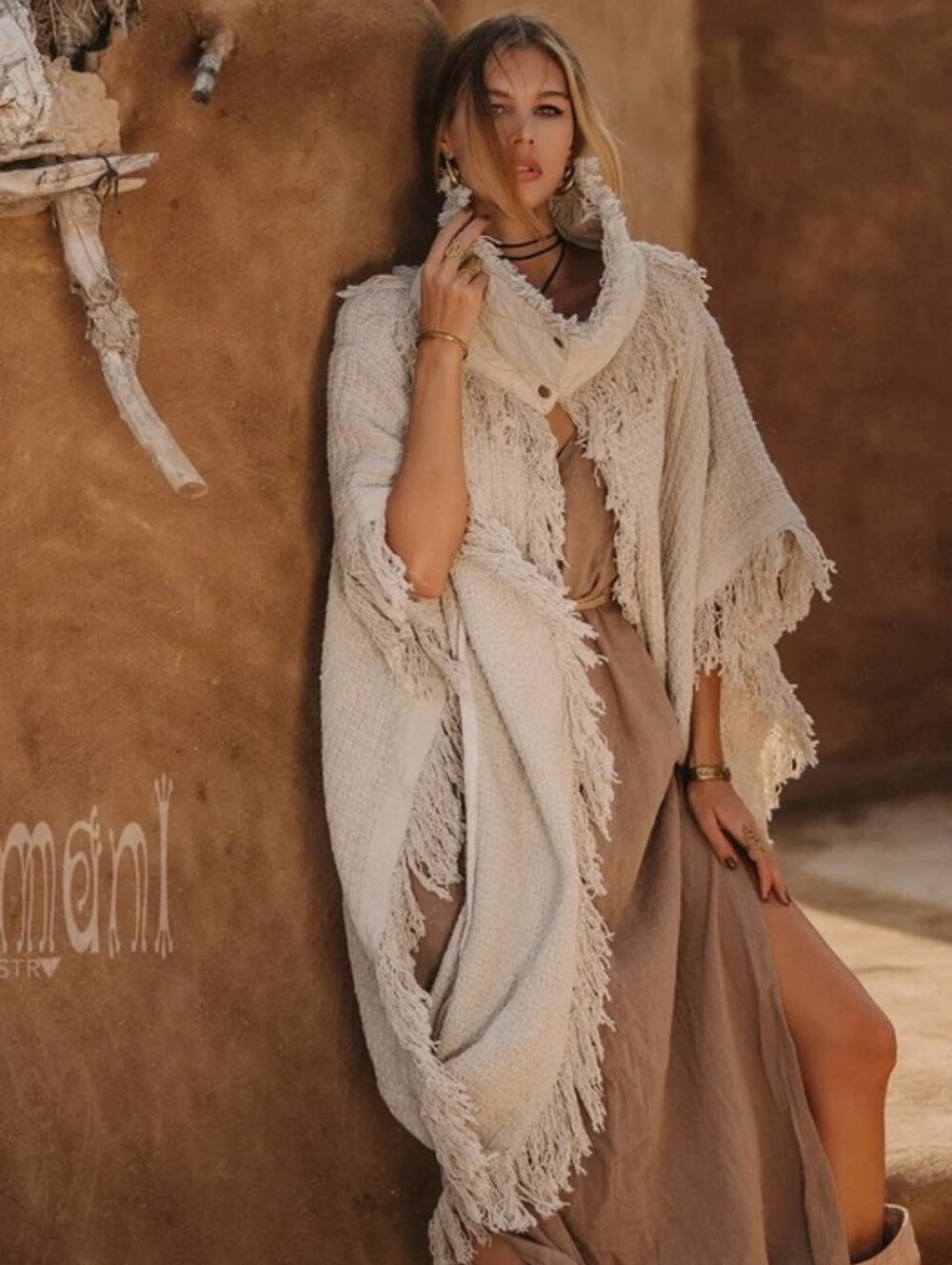 Chintamani Cream Fringe Knit Poncho Coat - Picture 4 of 6